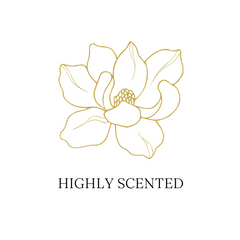 Graphic outline of a flower with the words highly scented written in caps low it