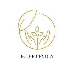 Graphic outline of a leaf with stem forming a circle and a pair of hands surrounding three leaves in the center with the word eco-friendly written in caps low it